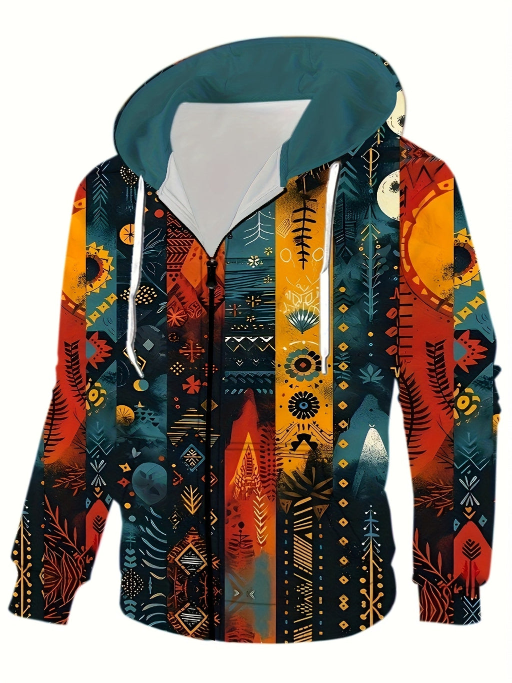 Men's Zip-Up Hoodie Jacket Ethnic Tribal Print Drawstring Hood – Casual, Everyday Streetwear