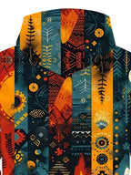 Men's Zip-Up Hoodie Jacket Ethnic Tribal Print Drawstring Hood – Casual, Everyday Streetwear