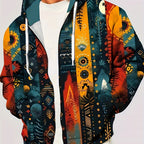 Men's Zip-Up Hoodie Jacket Ethnic Tribal Print Drawstring Hood – Casual, Everyday Streetwear