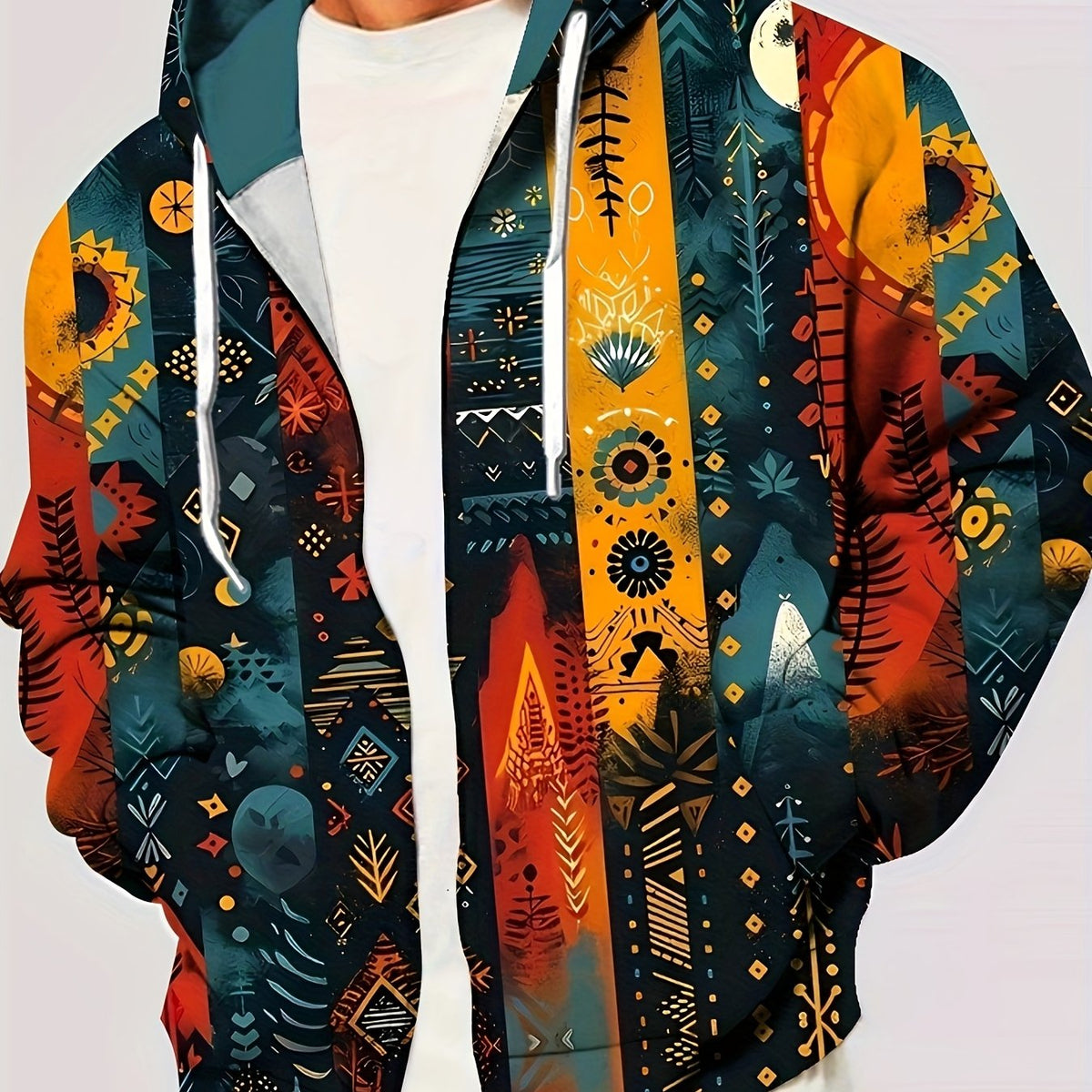 Men's Zip-Up Hoodie Jacket Ethnic Tribal Print Drawstring Hood – Casual, Everyday Streetwear