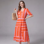 fay-midi-dress-orange-pink-abstract-print-v-neck-short-sleeve-women