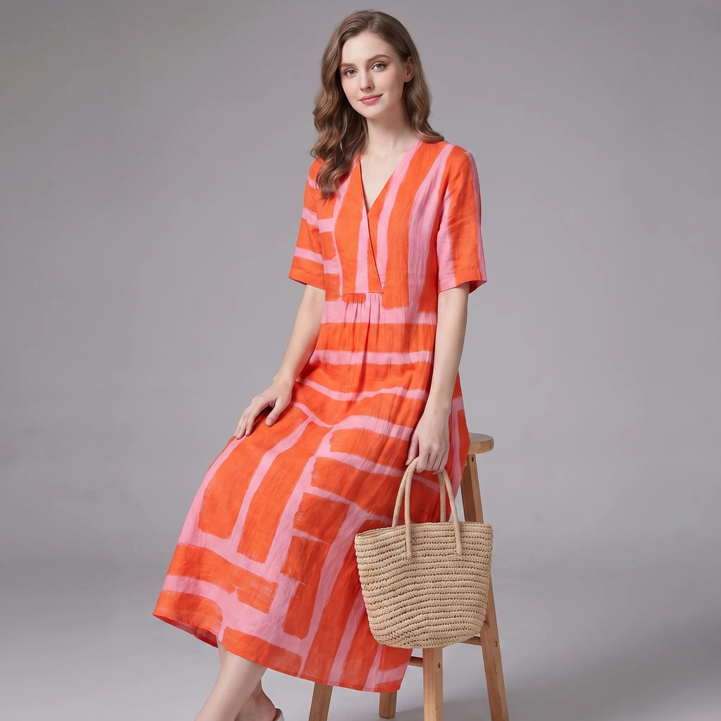 fay-midi-dress-orange-pink-abstract-print-v-neck-short-sleeve-women