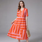 fay-midi-dress-orange-pink-abstract-print-v-neck-short-sleeve-women