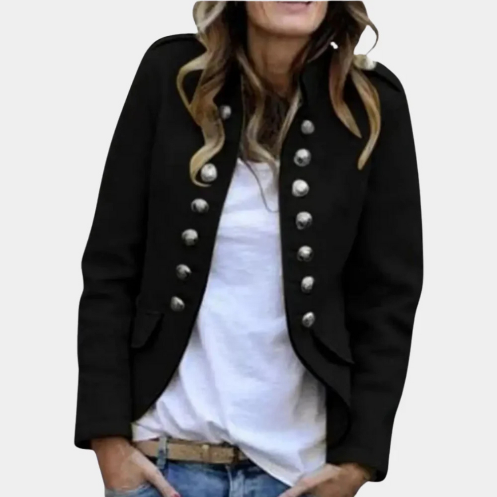 Military Jacket Women's Double-Breasted Blue Stand Collar Button Detail – Casual, Office