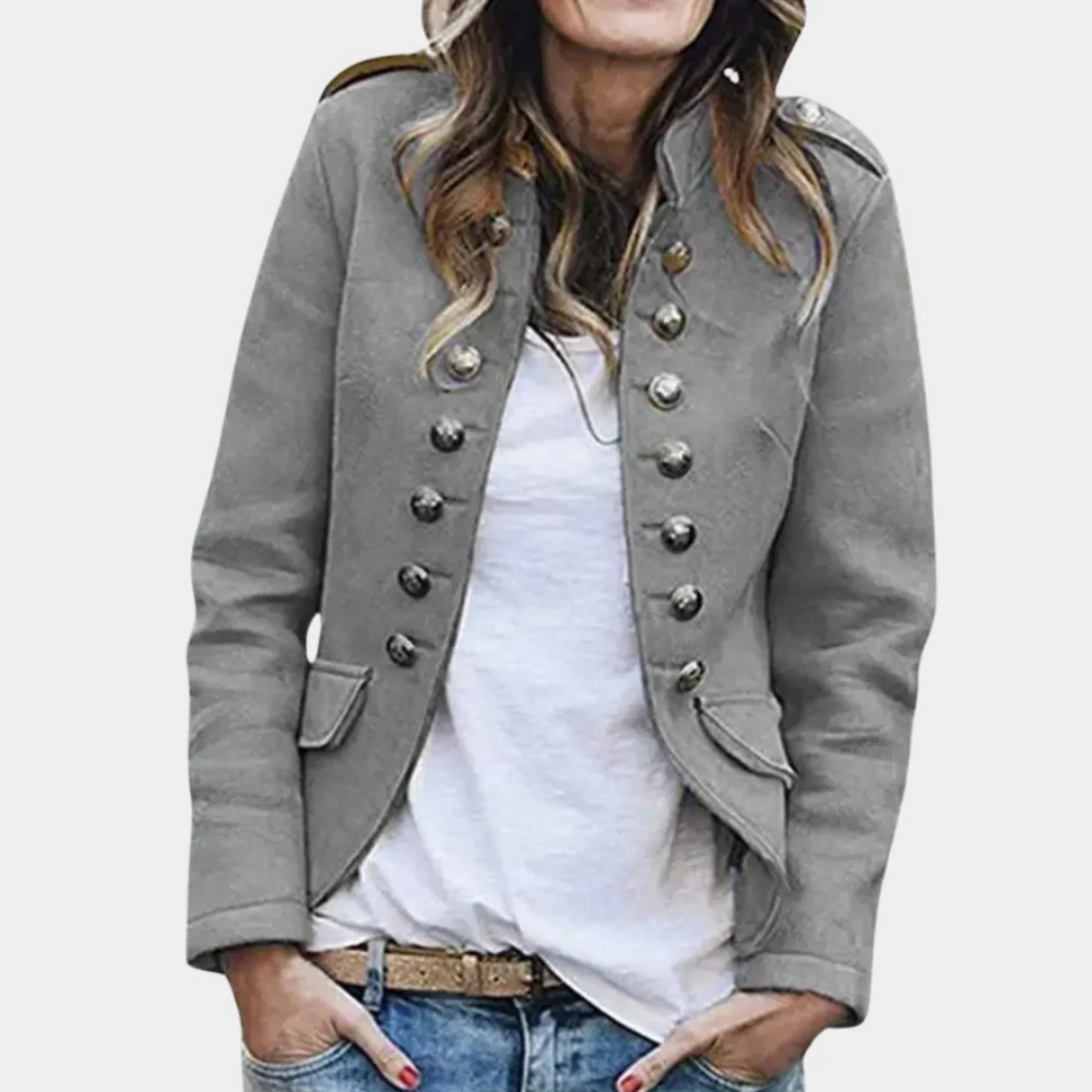 Military Jacket Women's Double-Breasted Blue Stand Collar Button Detail – Casual, Office