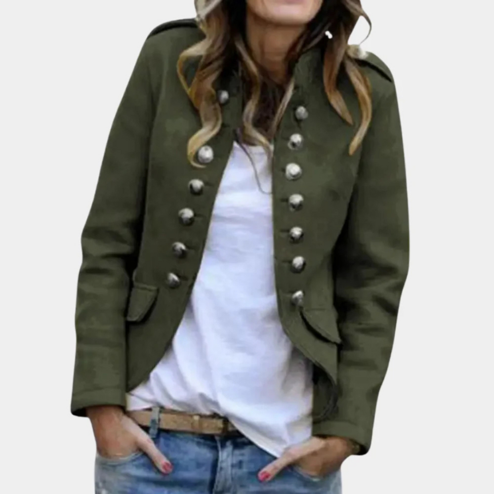 Military Jacket Women's Double-Breasted Blue Stand Collar Button Detail – Casual, Office