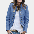 Military Jacket Women's Double-Breasted Blue Stand Collar Button Detail – Casual, Office