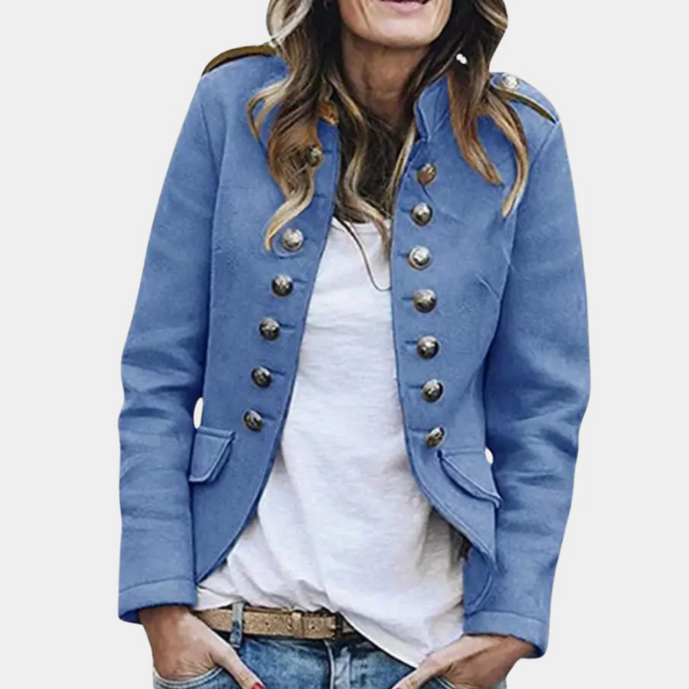 Military Jacket Women's Double-Breasted Blue Stand Collar Button Detail – Casual, Office