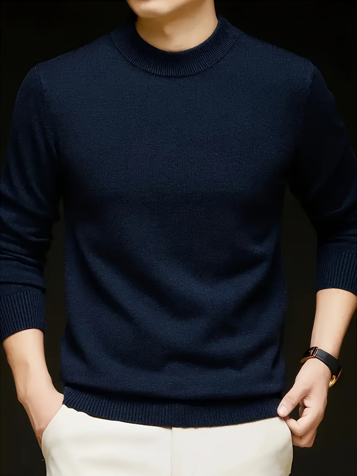 Mock Neck Knit Sweater Men's Fleece-Lined Pullover – Casual, Office, Winter, Gift