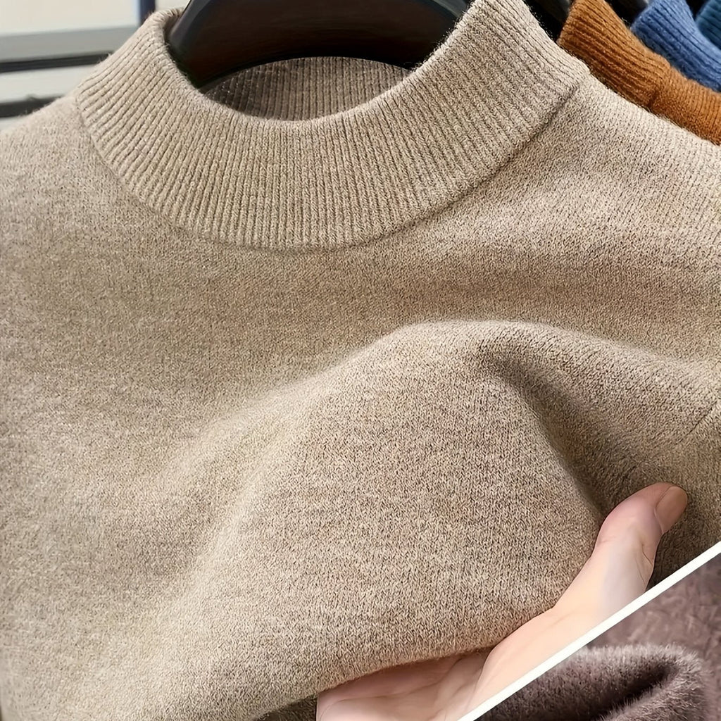 Mock Neck Knit Sweater Men's Fleece-Lined Pullover – Casual, Office, Winter, Gift