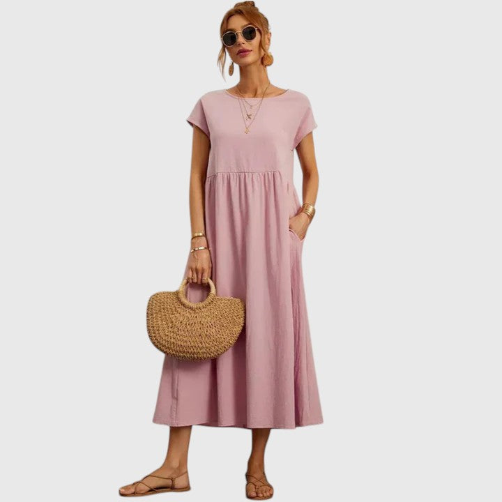 Navy Midi Dress Women's Short Sleeve with Pockets – Casual, Holiday · Faylori
