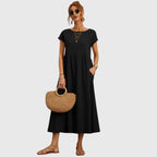 Navy Midi Dress Women's Short Sleeve with Pockets – Casual, Holiday · Faylori