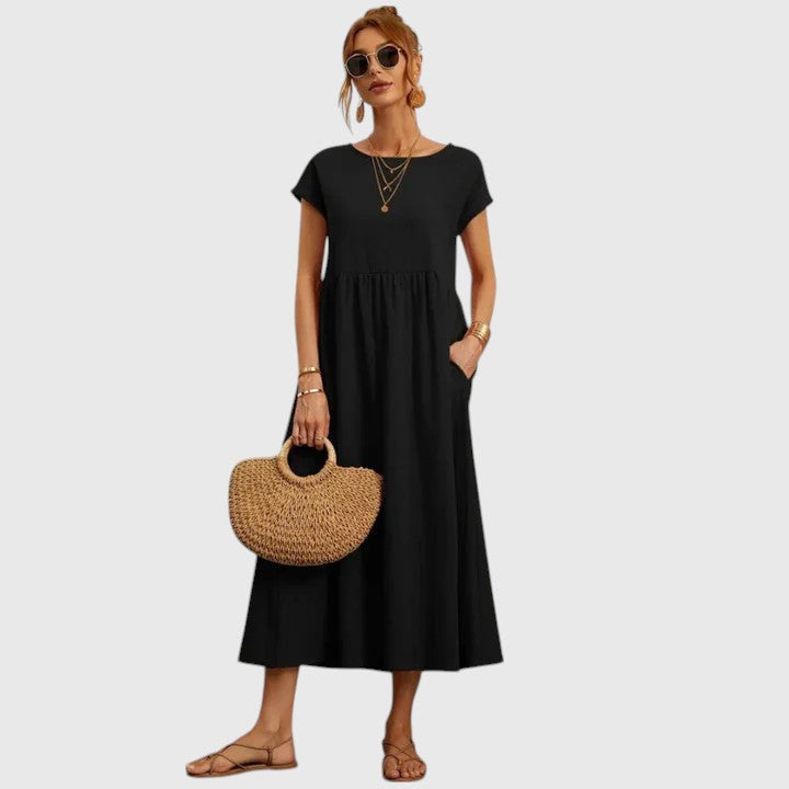 Navy Midi Dress Women's Short Sleeve with Pockets – Casual, Holiday · Faylori