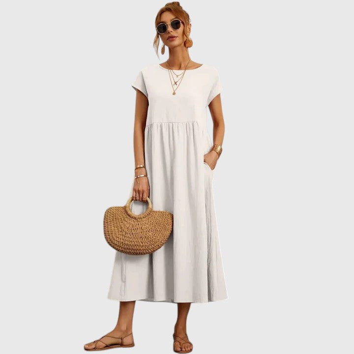 Navy Midi Dress Women's Short Sleeve with Pockets – Casual, Holiday · Faylori