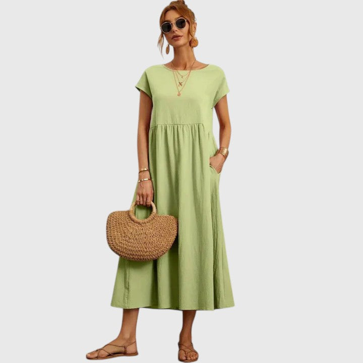 Navy Midi Dress Women's Short Sleeve with Pockets – Casual, Holiday · Faylori