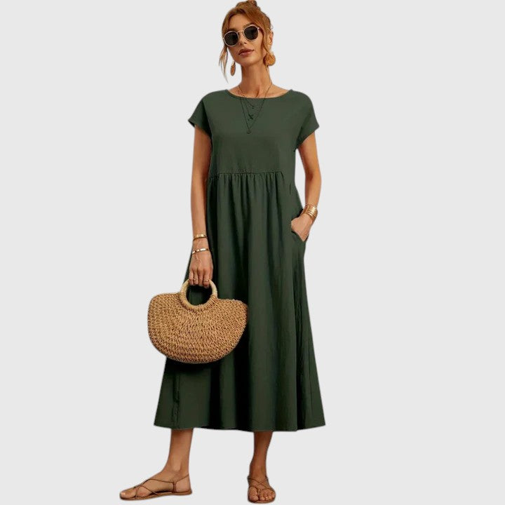 Navy Midi Dress Women's Short Sleeve with Pockets – Casual, Holiday · Faylori