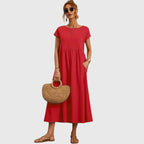 Navy Midi Dress Women's Short Sleeve with Pockets – Casual, Holiday · Faylori
