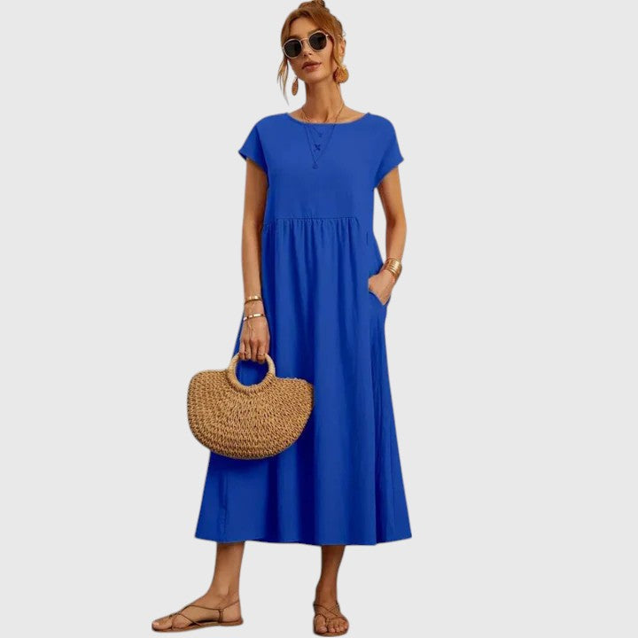 Navy Midi Dress Women's Short Sleeve with Pockets – Casual, Holiday · Faylori