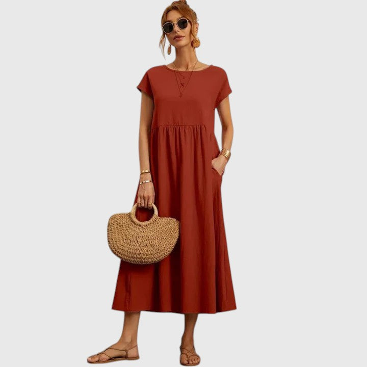 Navy Midi Dress Women's Short Sleeve with Pockets – Casual, Holiday · Faylori