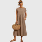 Navy Midi Dress Women's Short Sleeve with Pockets – Casual, Holiday · Faylori