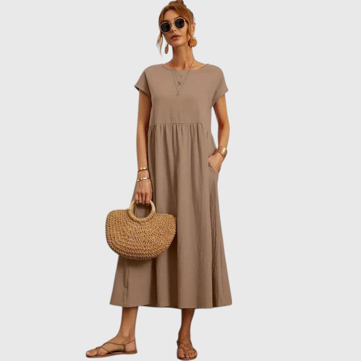 Navy Midi Dress Women's Short Sleeve with Pockets – Casual, Holiday · Faylori