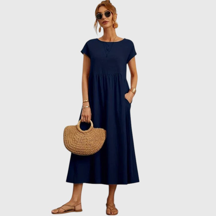 Navy Midi Dress Women's Short Sleeve with Pockets – Casual, Holiday · Faylori