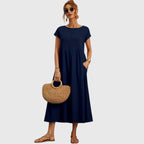 Navy Midi Dress Women's Short Sleeve with Pockets – Casual, Holiday · Faylori