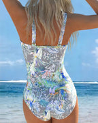 One Piece Swimsuit Green Tropical Floral Print Ruched Tummy Control Women's – Beach, Swim, Vacation
