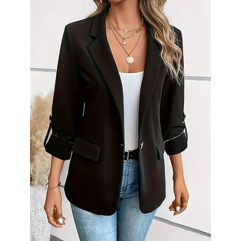 Open-Front Blazer Women's Tailored Lapel Jacket Roll-Up Sleeve – Office, Casual, Work Wear