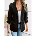 Open-Front Blazer Women's Tailored Lapel Jacket Roll-Up Sleeve – Office, Casual, Work Wear