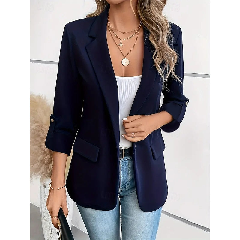Open-Front Blazer Women's Tailored Lapel Jacket Roll-Up Sleeve – Office, Casual, Work Wear