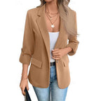 Open-Front Blazer Women's Tailored Lapel Jacket Roll-Up Sleeve – Office, Casual, Work Wear