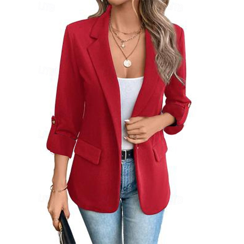 Open-Front Blazer Women's Tailored Lapel Jacket Roll-Up Sleeve – Office, Casual, Work Wear