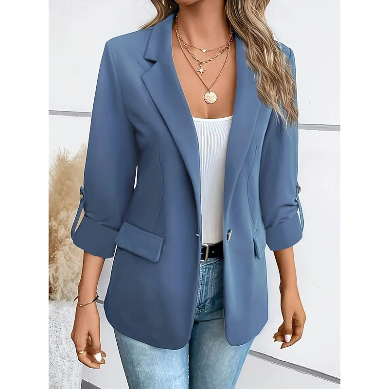 Open-Front Blazer Women's Tailored Lapel Jacket Roll-Up Sleeve – Office, Casual, Work Wear