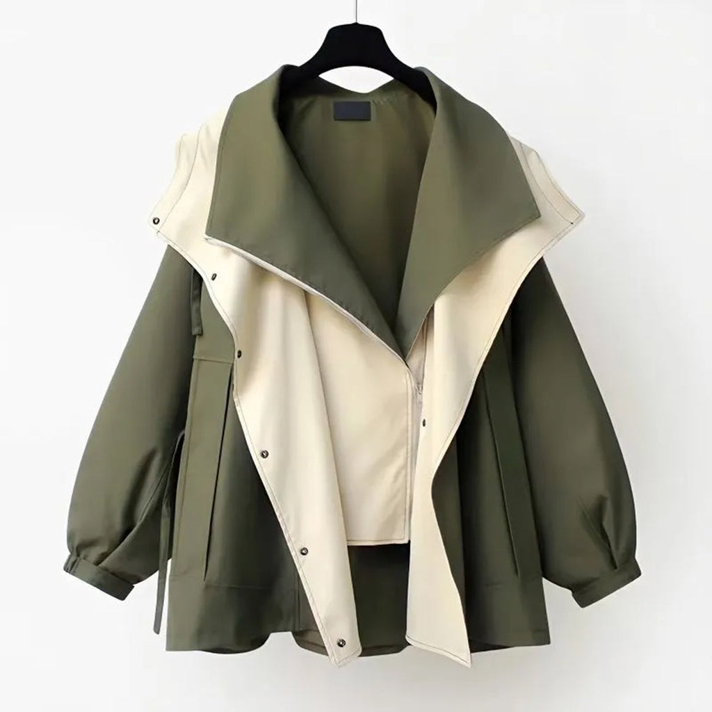 Oversized Shawl Collar Jacket Women's Beige Green Zip-Up Windbreaker – Casual, Office, Holiday, Gift