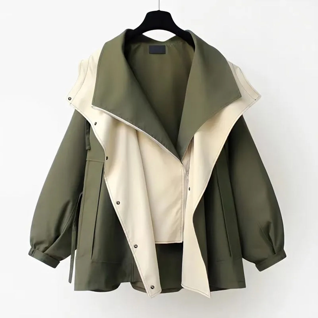 Oversized Shawl Collar Jacket Women's Beige Green Zip-Up Windbreaker – Casual, Office, Holiday, Gift