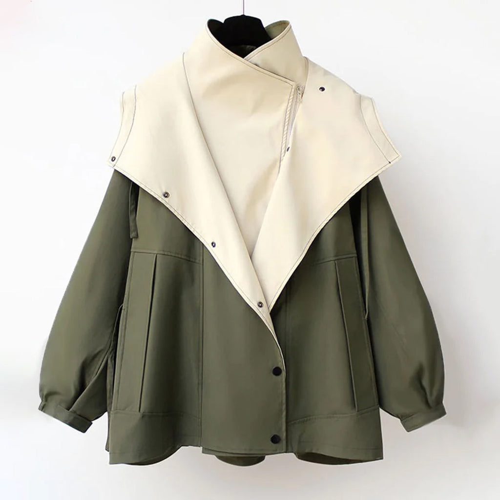 Oversized Shawl Collar Jacket Women's Beige Green Zip-Up Windbreaker – Casual, Office, Holiday, Gift