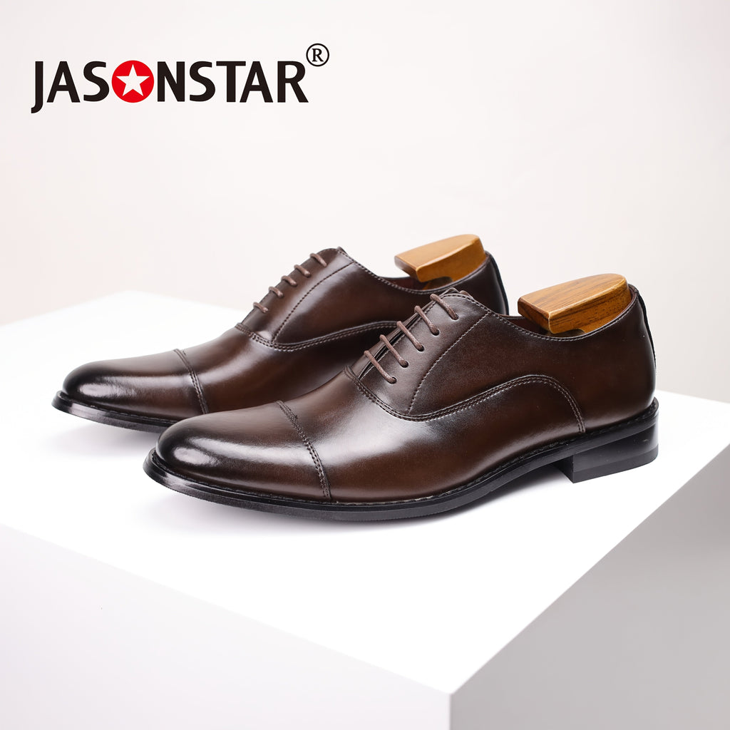 Oxford Dress Shoes Men's Leather Cap-Toe Lace-Up Brown – Office, Wedding, Formal, Business, Gift