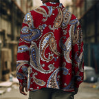 Paisley Print Overshirt Men's Long Sleeve Button-Up Shirt Jacket Red – Casual, Office, Holiday, Gift