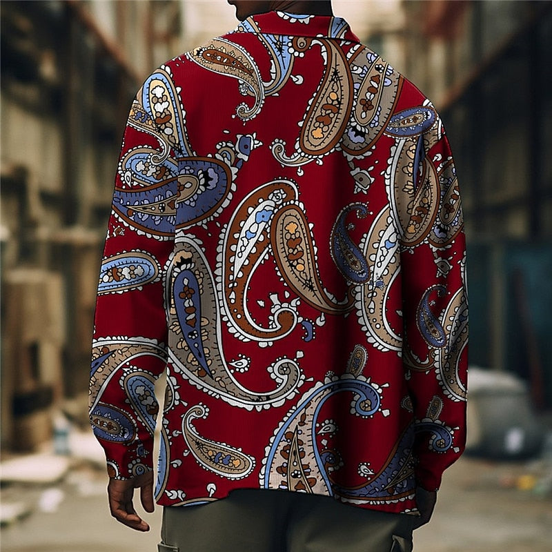 Paisley Print Overshirt Men's Long Sleeve Button-Up Shirt Jacket Red – Casual, Office, Holiday, Gift