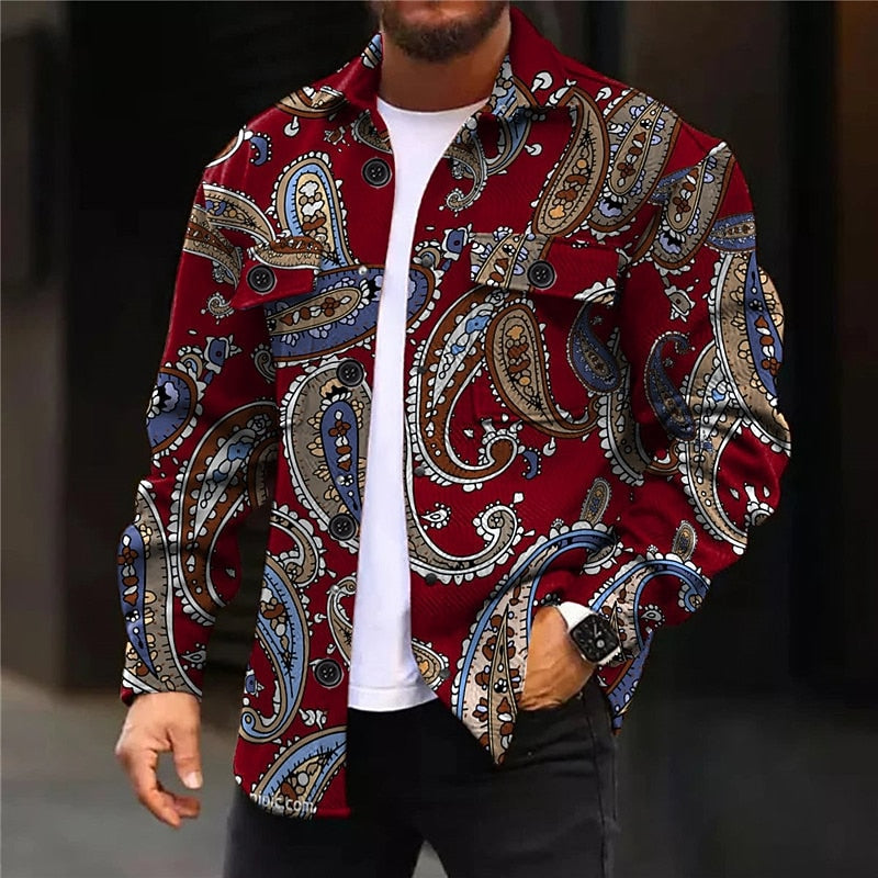 Paisley Print Overshirt Men's Long Sleeve Button-Up Shirt Jacket Red – Casual, Office, Holiday, Gift