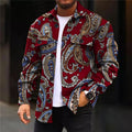 Paisley Print Overshirt Men's Long Sleeve Button-Up Shirt Jacket Red – Casual, Office, Holiday, Gift