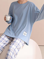 Pajama Set Women's Long Sleeve Pink Top Plaid Pants – Sleepwear, Loungewear, Casual, Gift