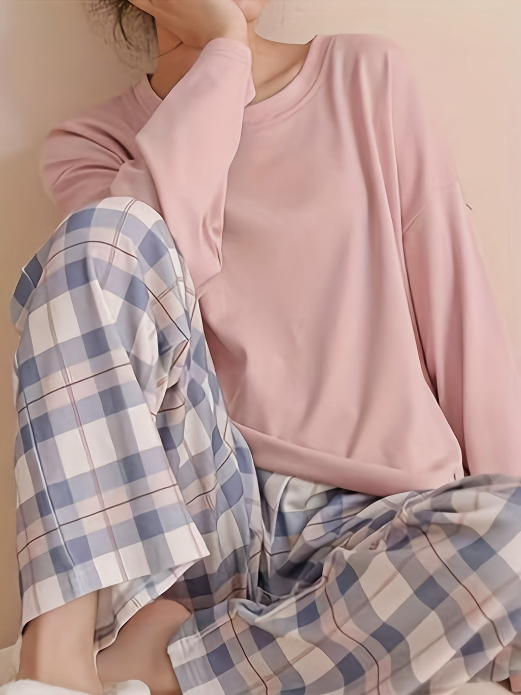 Pajama Set Women's Long Sleeve Pink Top Plaid Pants – Sleepwear, Loungewear, Casual, Gift