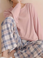 Pajama Set Women's Long Sleeve Pink Top Plaid Pants – Sleepwear, Loungewear, Casual, Gift