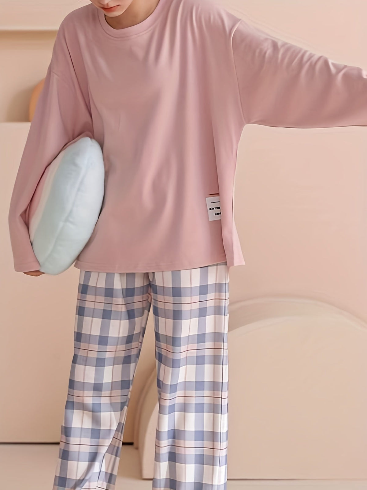 Pajama Set Women's Long Sleeve Pink Top Plaid Pants – Sleepwear, Loungewear, Casual, Gift