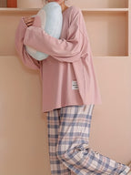 Pajama Set Women's Long Sleeve Pink Top Plaid Pants – Sleepwear, Loungewear, Casual, Gift