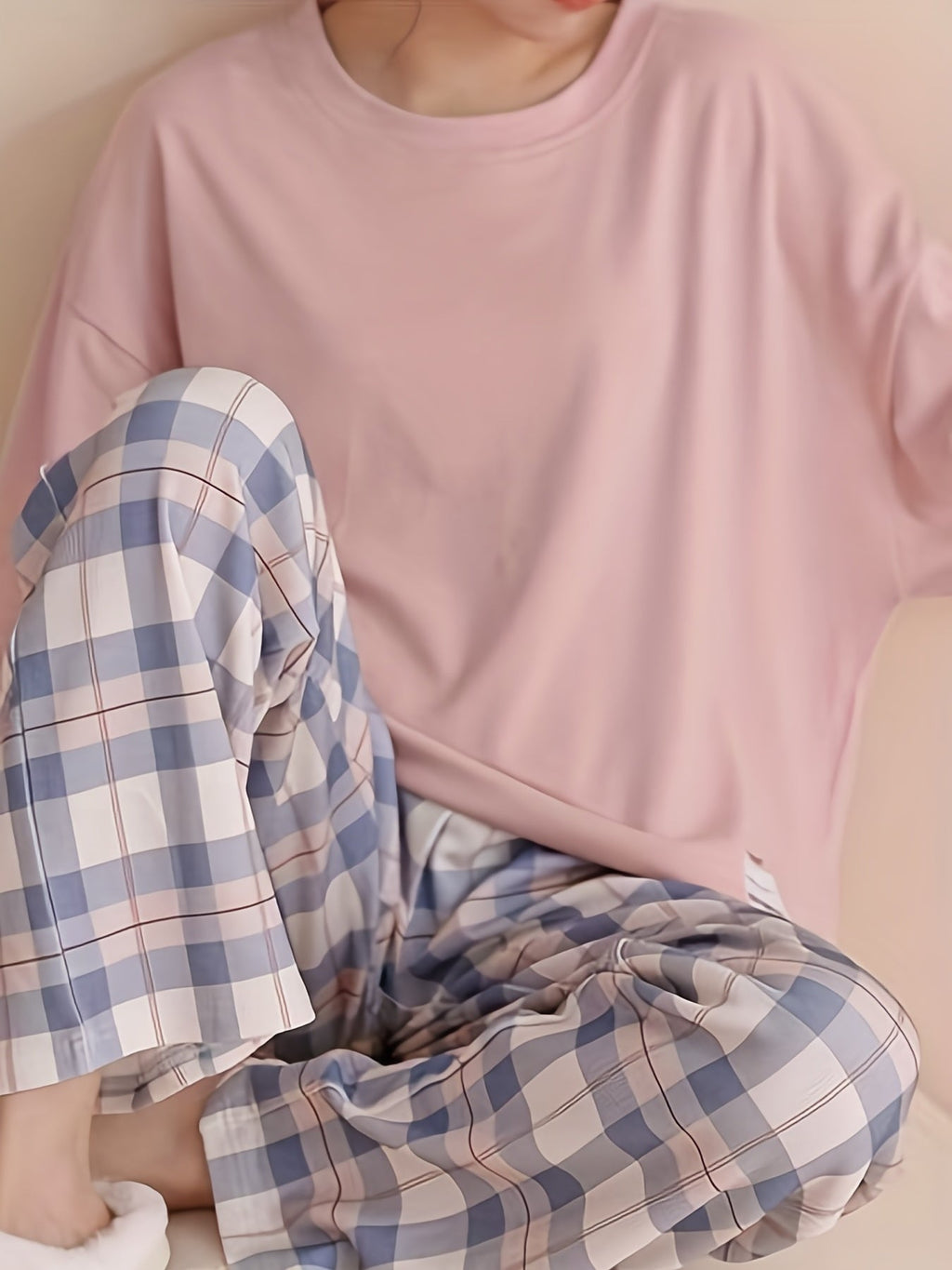 Pajama Set Women's Long Sleeve Pink Top Plaid Pants – Sleepwear, Loungewear, Casual, Gift
