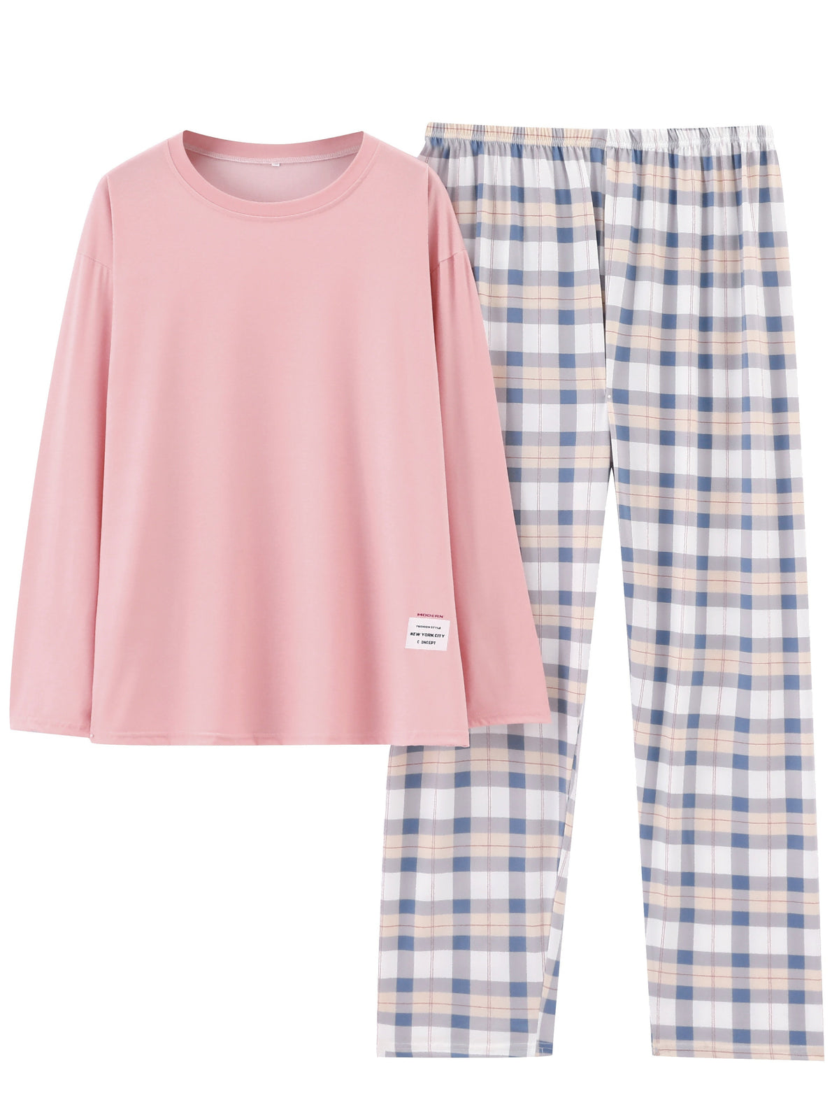 Pajama Set Women's Long Sleeve Pink Top Plaid Pants – Sleepwear, Loungewear, Casual, Gift
