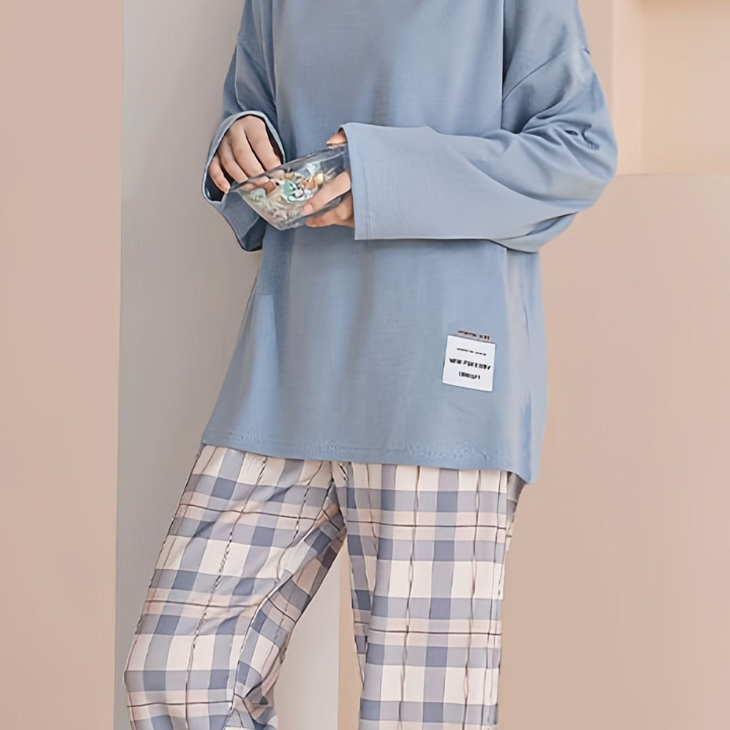 Pajama Set Women's Long Sleeve Pink Top Plaid Pants – Sleepwear, Loungewear, Casual, Gift